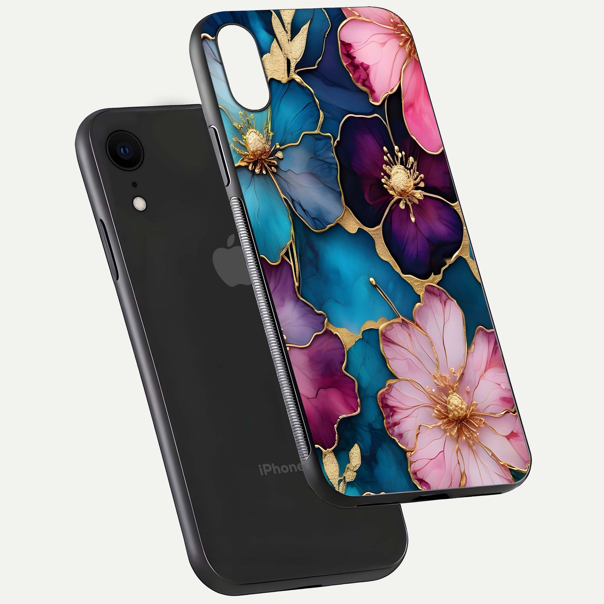 Sparkle Floral Glass Case for iPhone Xr floating dual-view mockup displaying gloss surface and sparkle effect