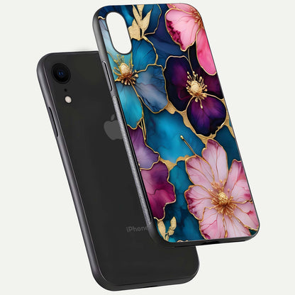 Sparkle Floral Glass Case for iPhone Xr floating dual-view mockup displaying gloss surface and sparkle effect