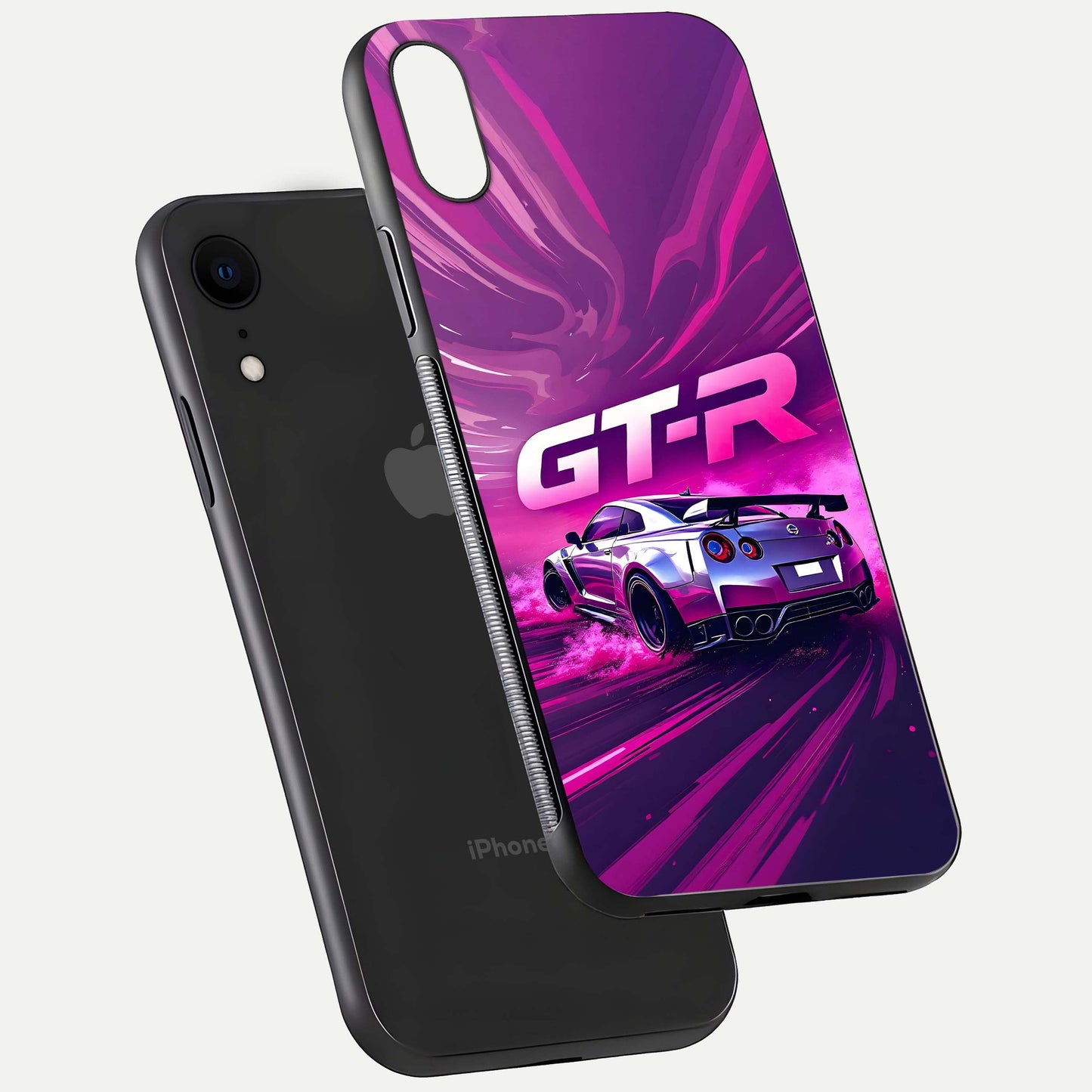 Speed Drift Legend Glass Case for iPhone Xr floating dual-view mockup displaying gloss shine and motion effect