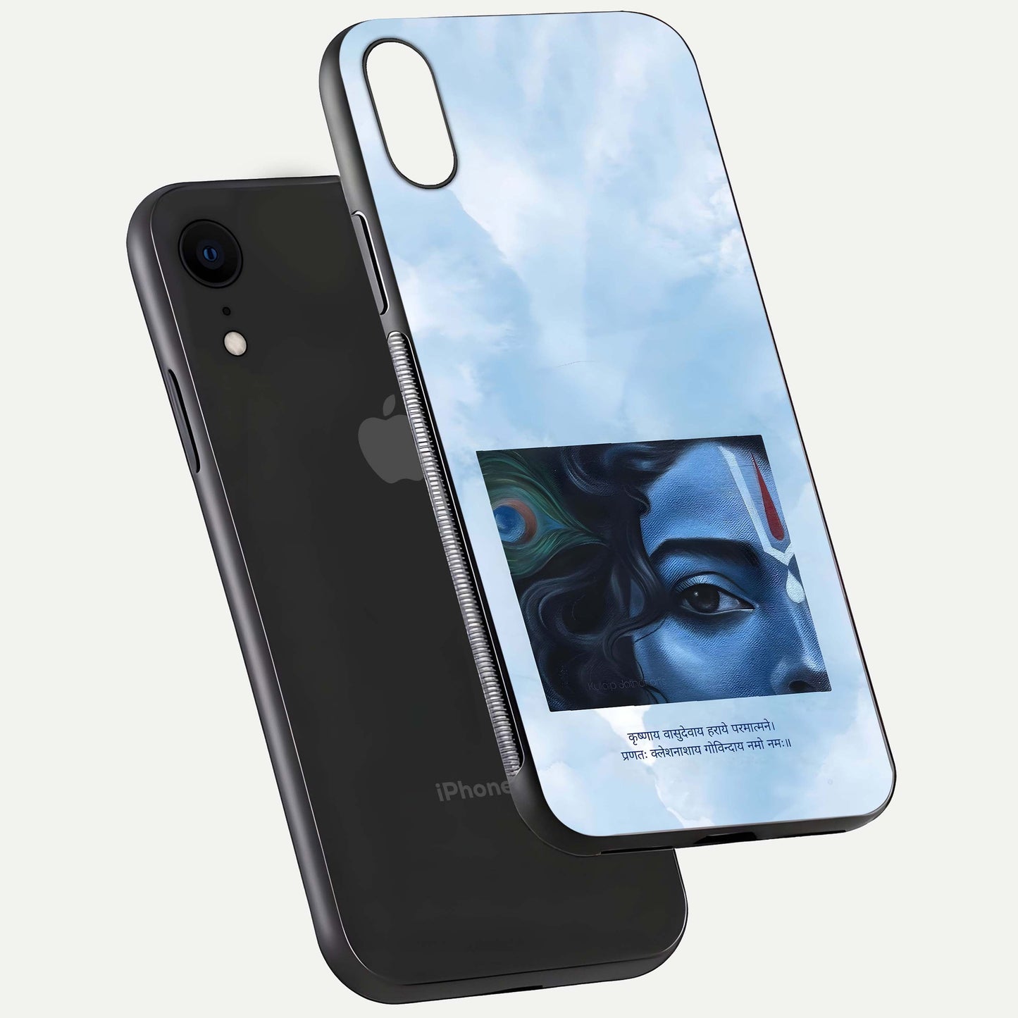 Spiritual Krishna Glass Case for iPhone 16 Pro floating dual-view mockup displaying gloss shine and divine detail