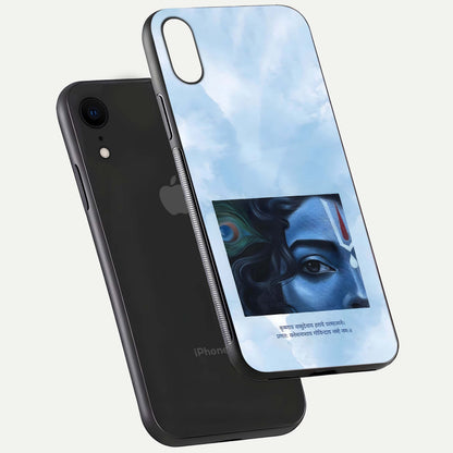 Spiritual Krishna Glass Case for iPhone 16 Pro floating dual-view mockup displaying gloss shine and divine detail