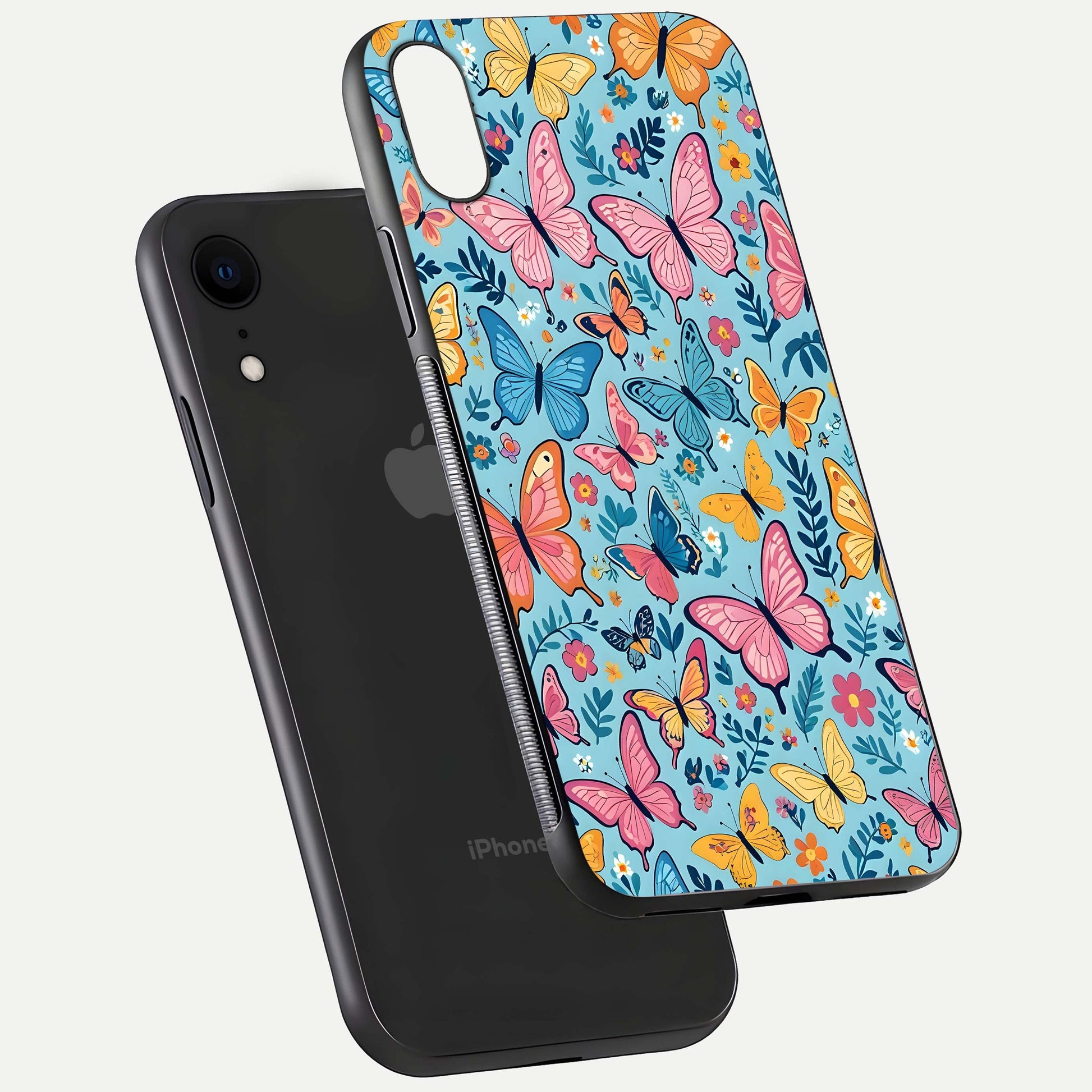 Spring Wing Garden Glass Case for iPhone Xr floating dual-view mockup showing gloss texture and vivid print