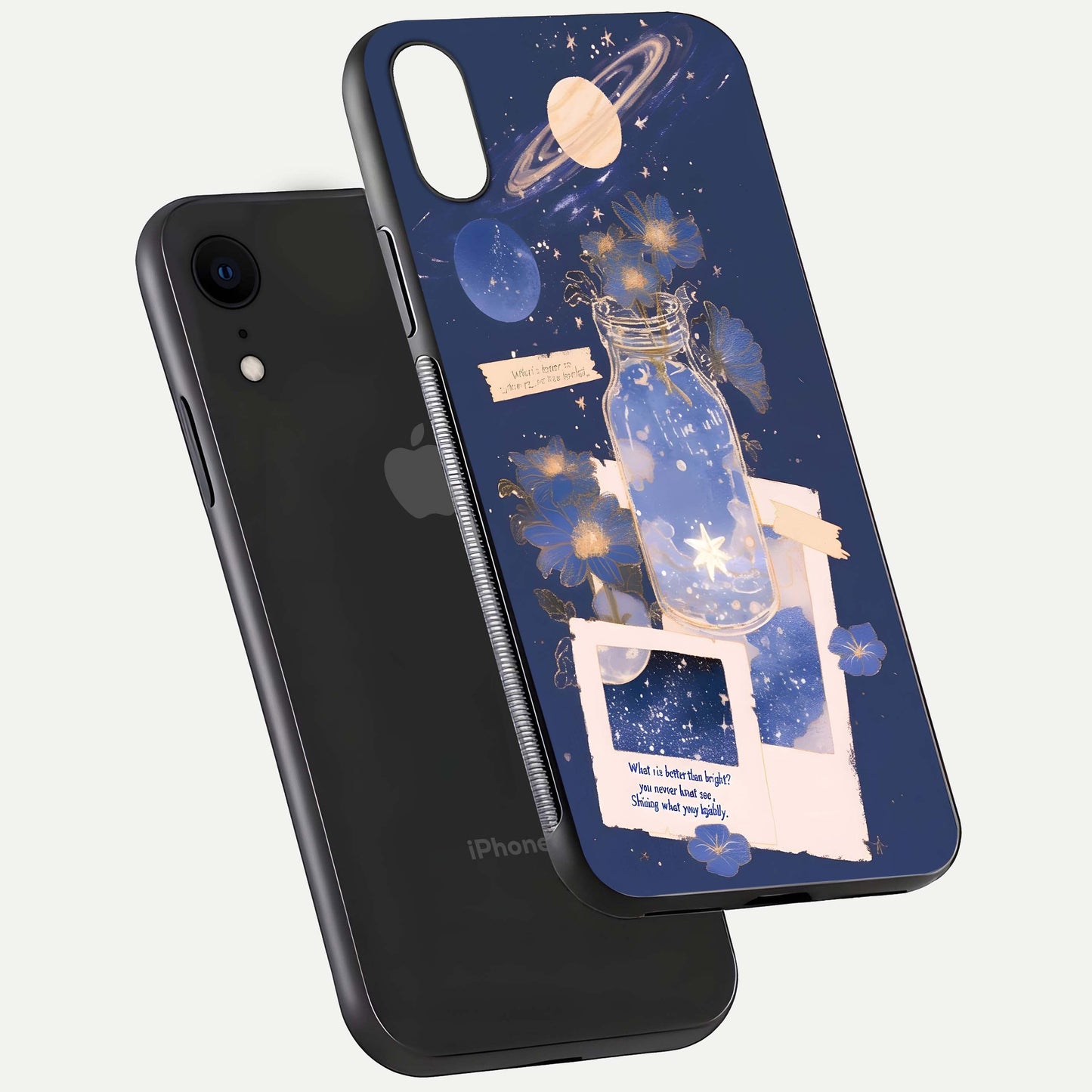 Starlit Cosmic Jar Glass Case for iPhone Xr floating dual-view mockup displaying gloss and starry depth