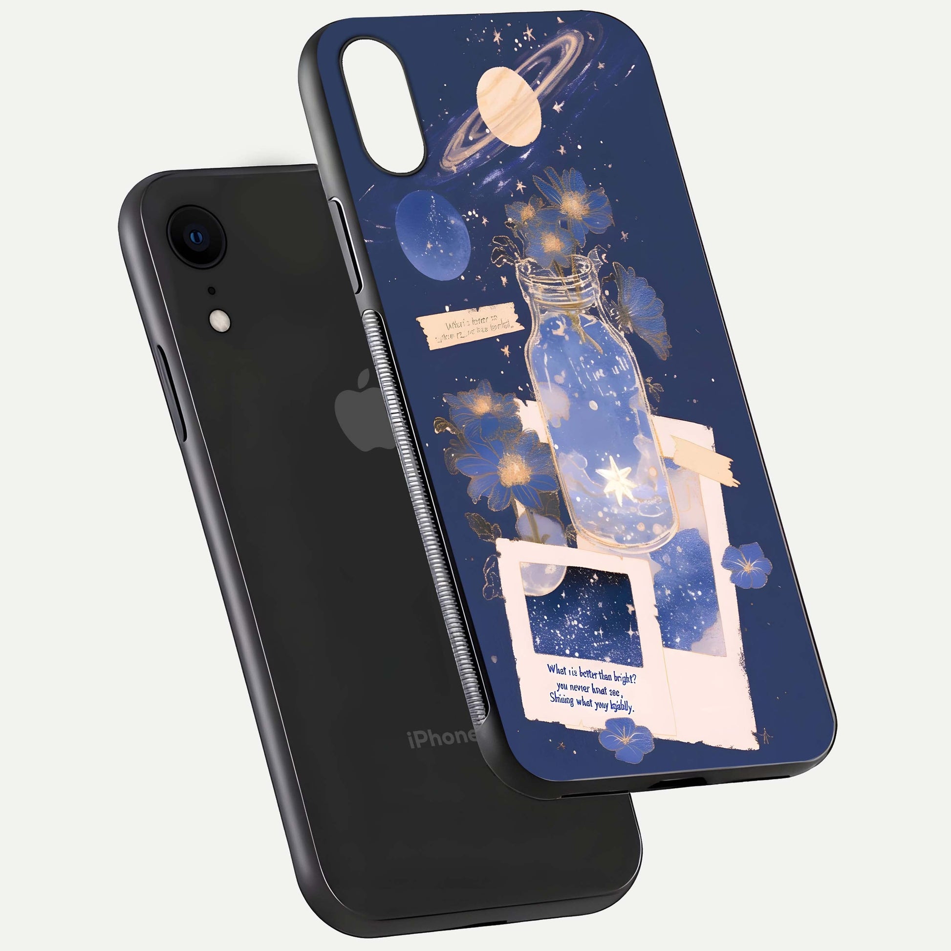 Starlit Cosmic Jar Glass Case for iPhone Xr floating dual-view mockup displaying gloss and starry depth