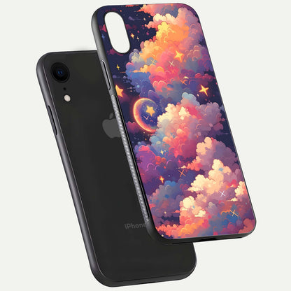 Starlit Dream Clouds Glass Case for iPhone Xr floating dual-view mockup displaying gloss and soft light detail