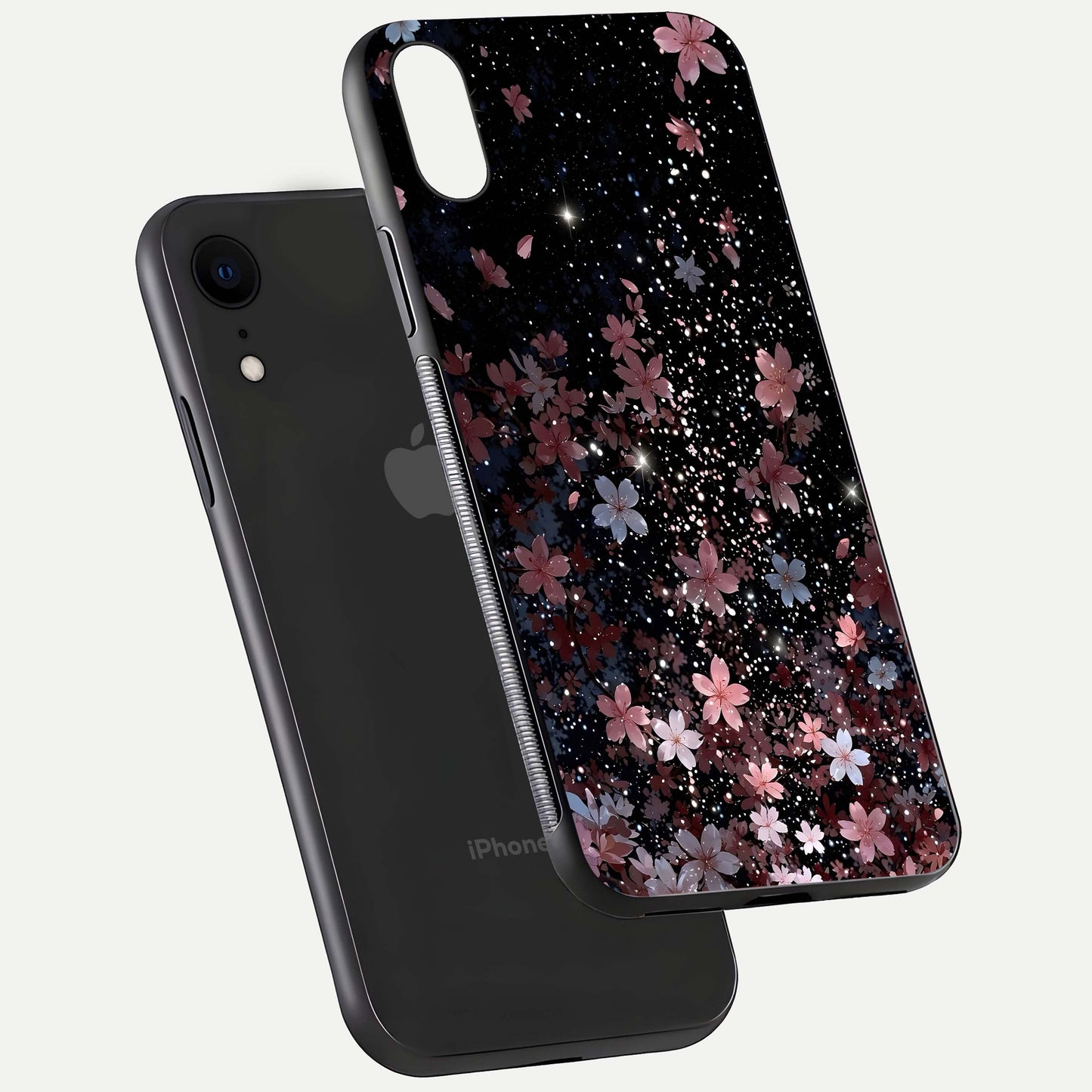 Starlit Flower Dreams Glass Case for iPhone Xr floating dual-view mockup displaying gloss and print clarity