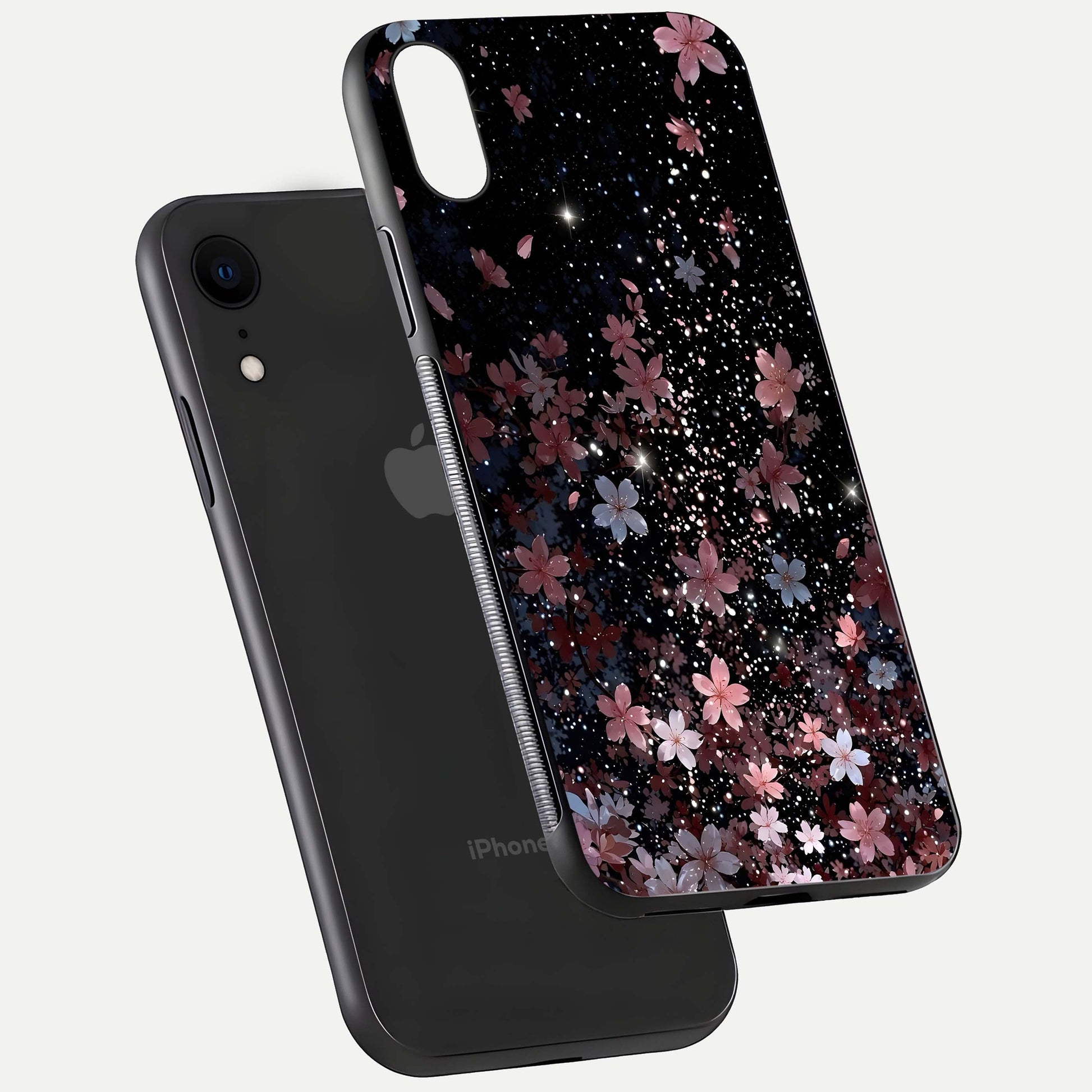 Starlit Flower Dreams Glass Case for iPhone Xr floating dual-view mockup displaying gloss and print clarity
