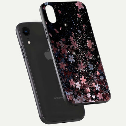 Starlit Flower Dreams Glass Case for iPhone Xr floating dual-view mockup displaying gloss and print clarity