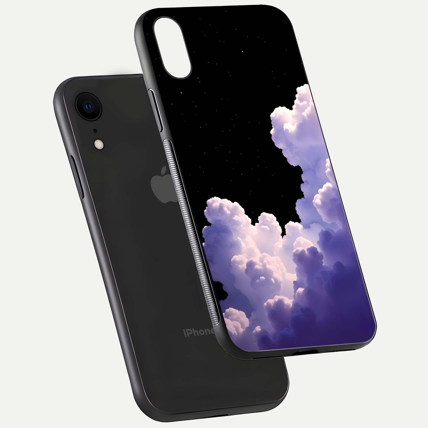 Starlit Night Whispers Glass Case for iPhone Xr floating dual-view mockup displaying gloss surface and depth