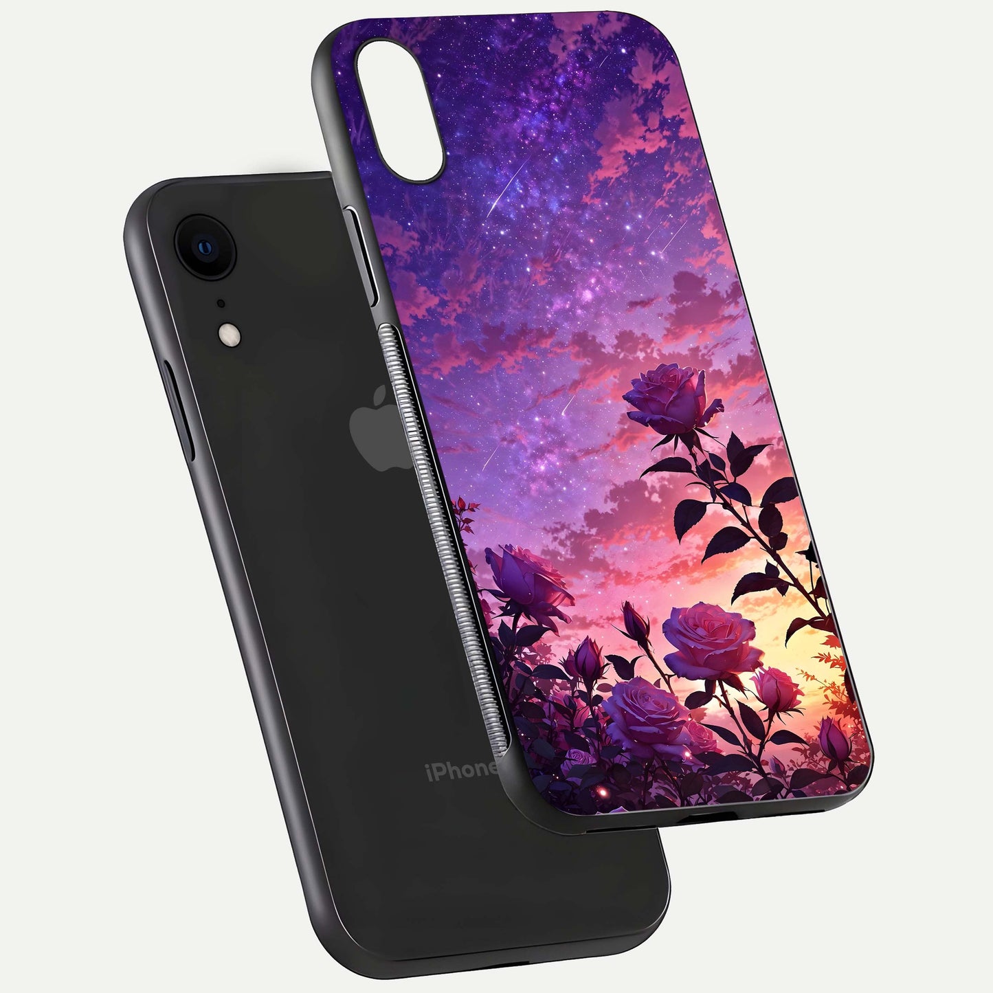 Starlit Rose Twilight Glass Case for iPhone Xr floating dual-view mockup displaying gloss shine and depth