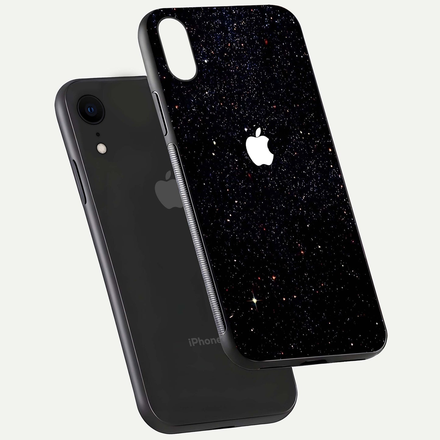 Starry Apple Galaxy Glass Case for iPhone Xr floating dual-view mockup displaying reflection and shine
