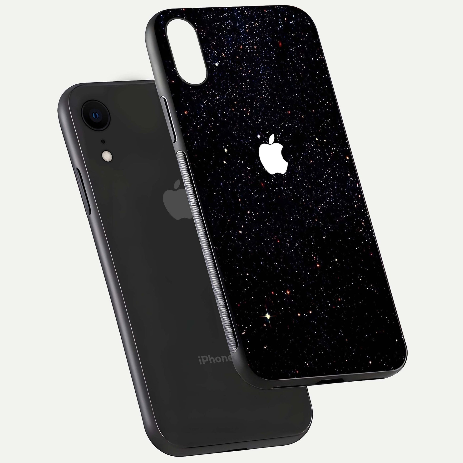Starry Apple Galaxy Glass Case for iPhone Xr floating dual-view mockup displaying reflection and shine