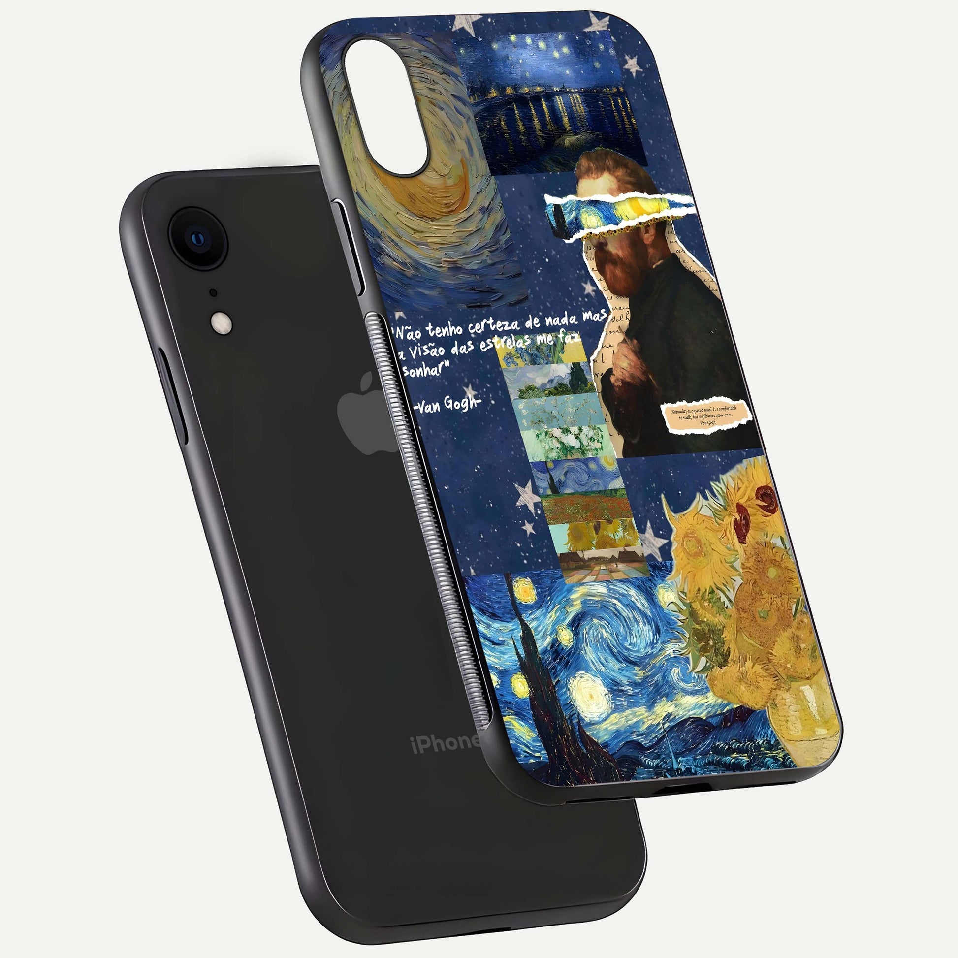Starry Dream Vision Glass Case for iPhone Xr floating dual-view mockup displaying gloss surface and clarity