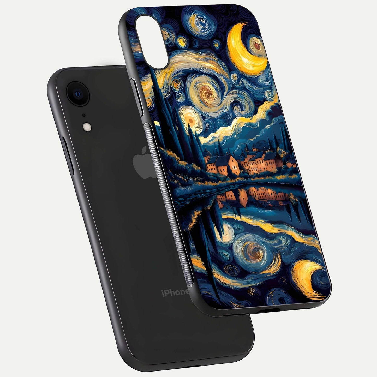 Starry Sky Serenity Glass Case for iPhone Xr floating dual-view mockup displaying gloss texture and shine
