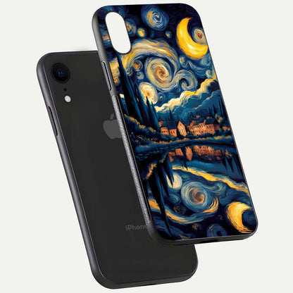Starry Sky Serenity Glass Case for iPhone Xr floating dual-view mockup displaying gloss texture and shine