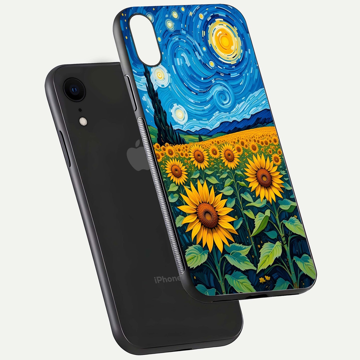 Starry Sunflower Dreams Glass Case for iPhone Xr floating dual-view mockup displaying gloss and vivid print