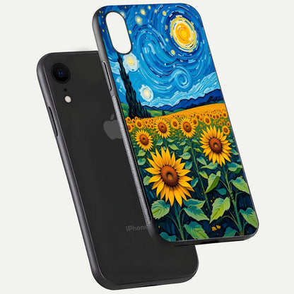 Starry Sunflower Dreams Glass Case for iPhone Xr floating dual-view mockup displaying gloss and vivid print