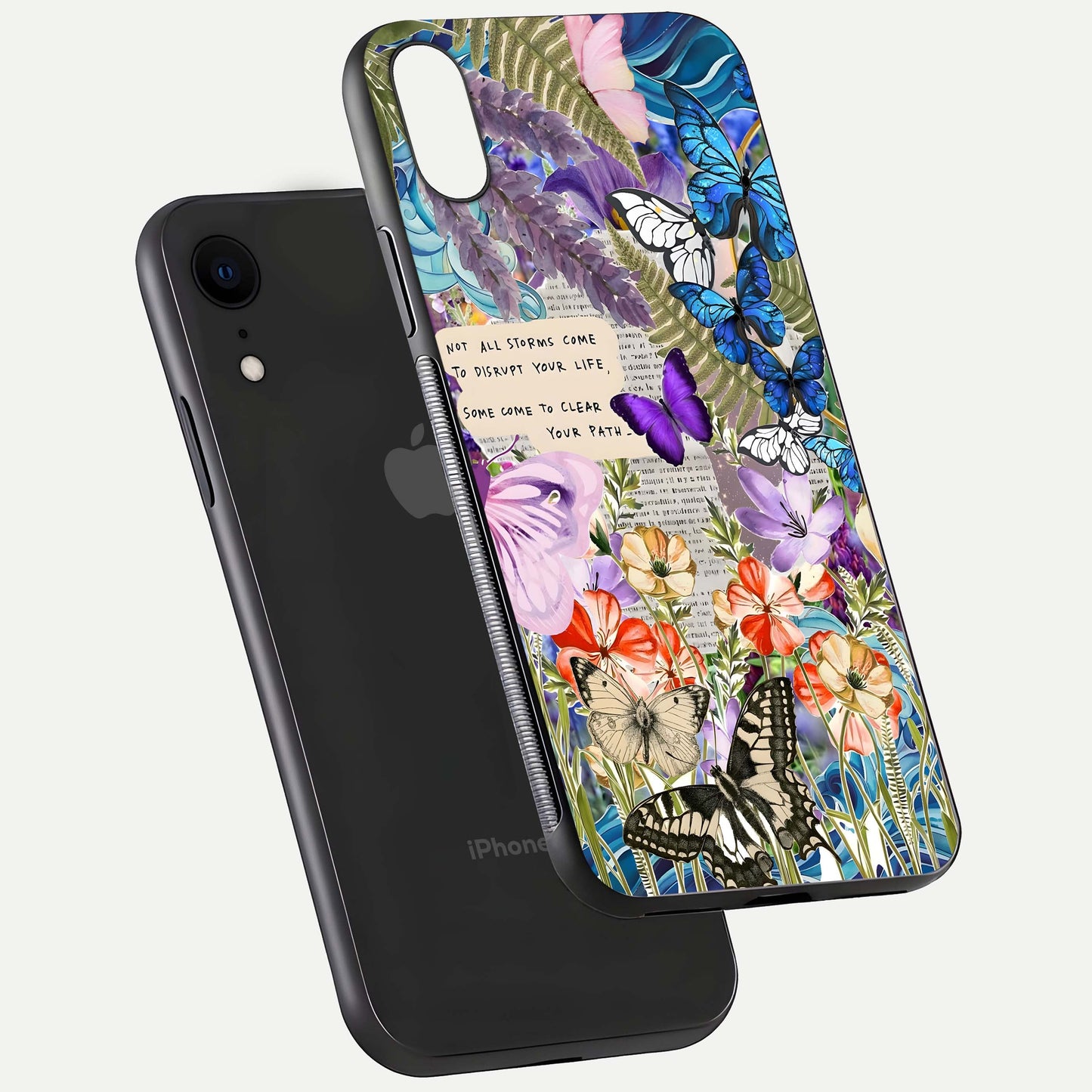 Storm Path Bloom Glass Case for iPhone Xr floating dual-view mockup displaying gloss and pattern depth