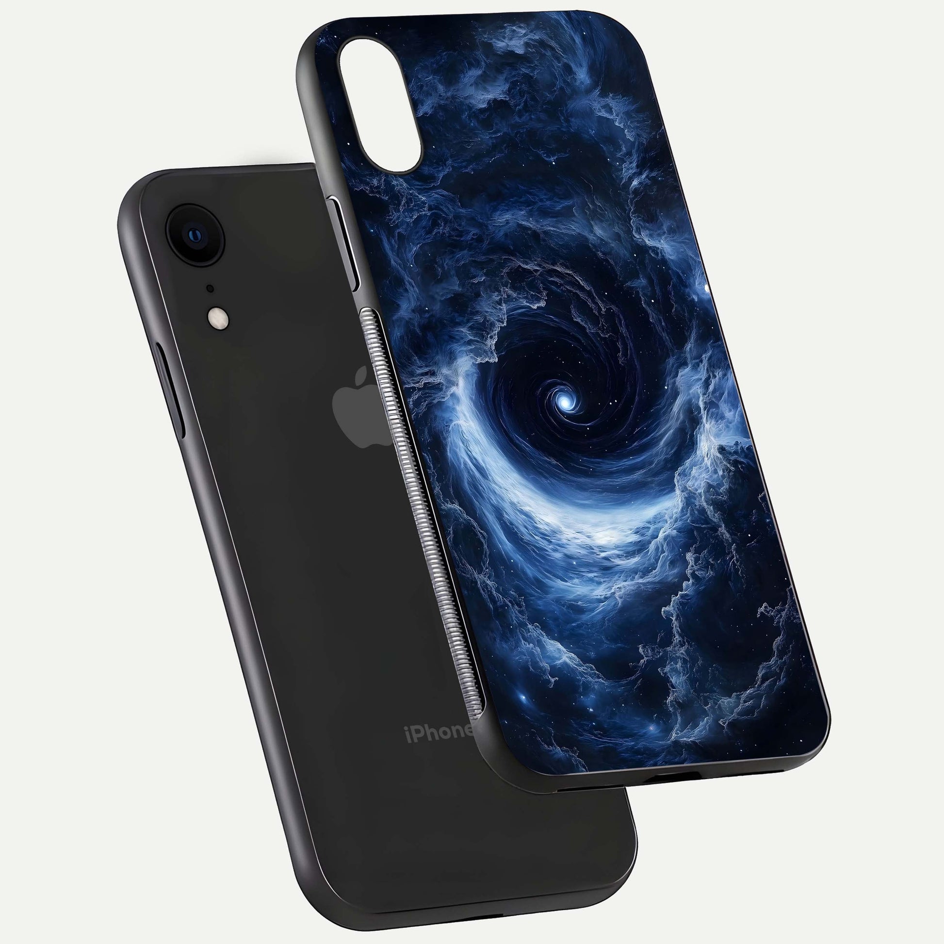 Stunning Galaxy Glass Case for iPhone Xr floating dual-view mockup displaying gloss shine and vivid print depth