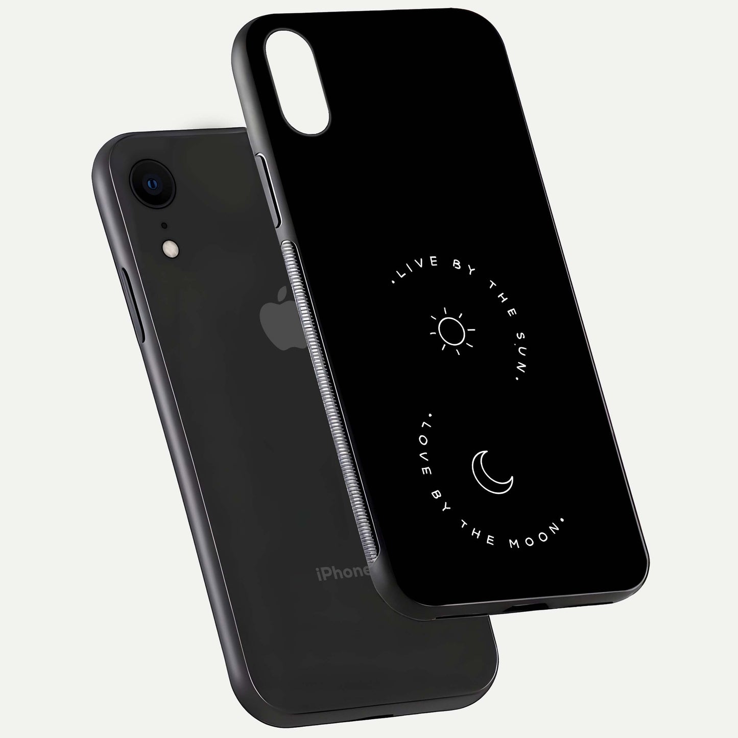 Sun Moon Balance Glass Case for iPhone Xr floating dual-view mockup displaying gloss surface and edge clarity