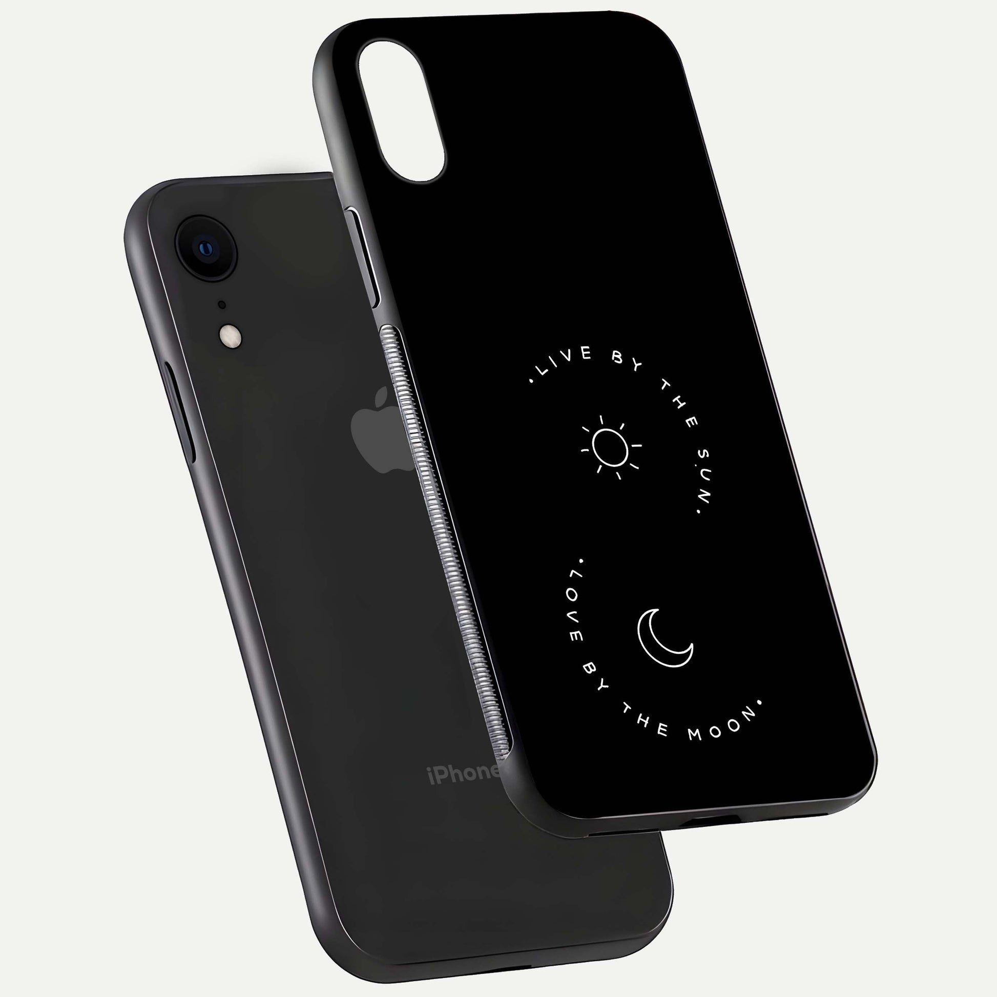 Sun Moon Balance Glass Case for iPhone Xr floating dual-view mockup displaying gloss surface and edge clarity