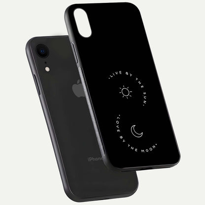 Sun Moon Balance Glass Case for iPhone Xr floating dual-view mockup displaying gloss surface and edge clarity