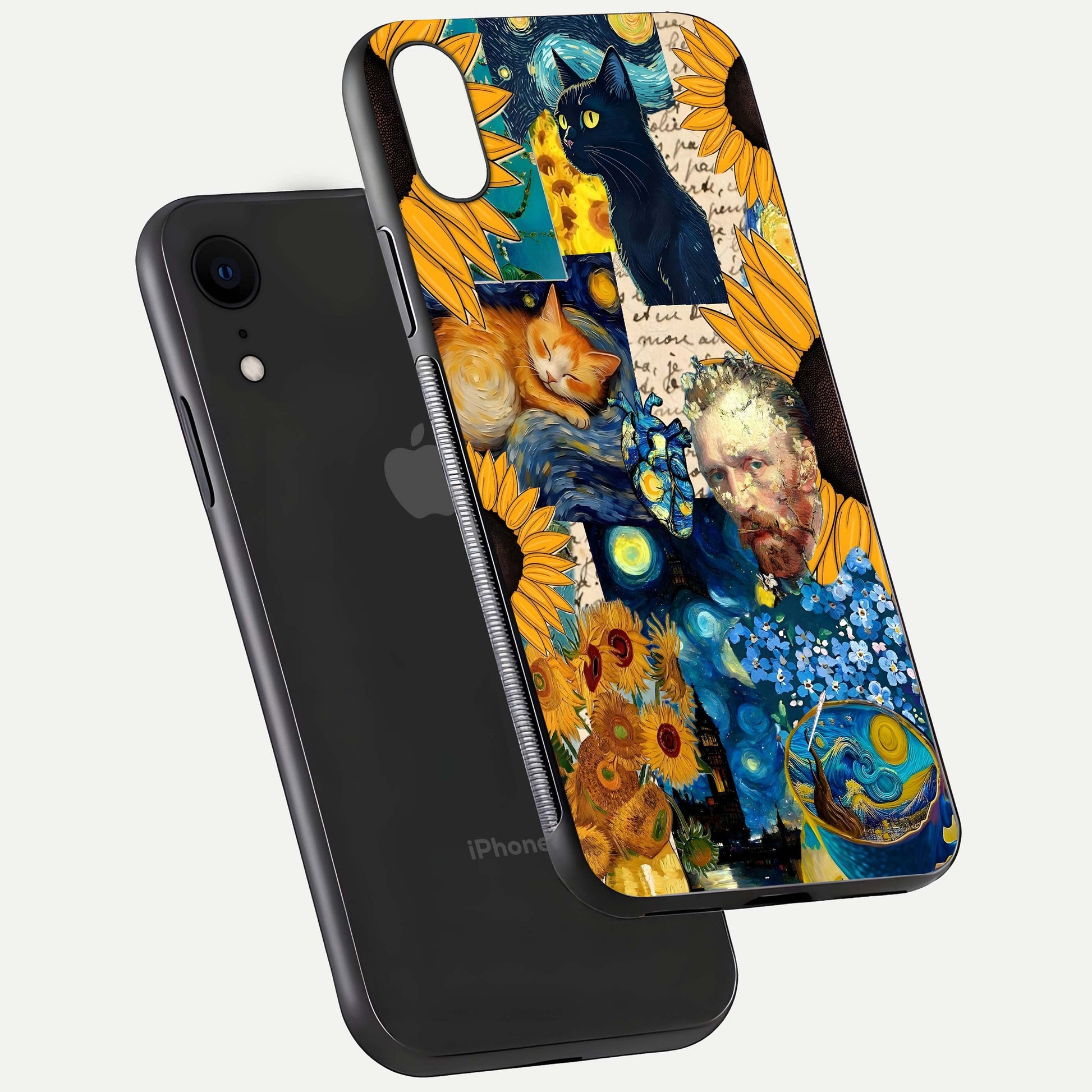 Sunflower Cat Art Glass Case for iPhone Xr floating dual-view mockup displaying gloss shine and HD art print