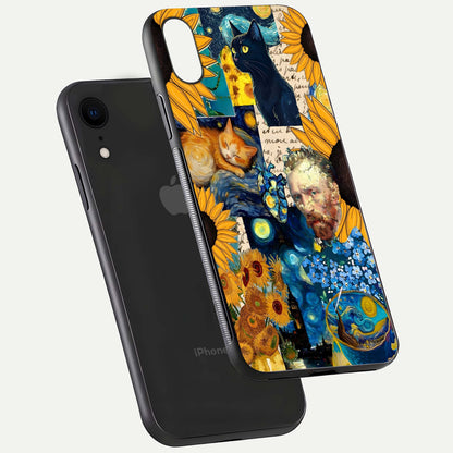 Sunflower Cat Art Glass Case for iPhone Xr floating dual-view mockup displaying gloss shine and HD art print