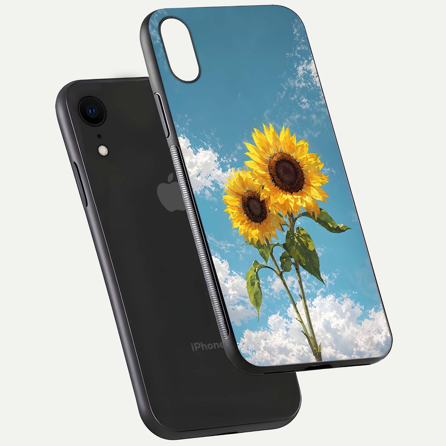 Sunflower Sky Bloom Glass Case for iPhone Xr floating dual-view mockup displaying gloss shine and vibrant texture
