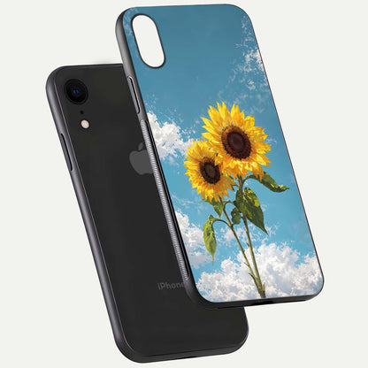 Sunflower Sky Bloom Glass Case for iPhone Xr floating dual-view mockup displaying gloss shine and vibrant texture