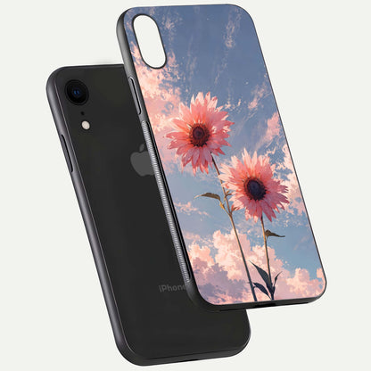 Sunlit Daisy Glow Glass Case for iPhone Xr floating dual-view mockup displaying gloss finish and HD print
