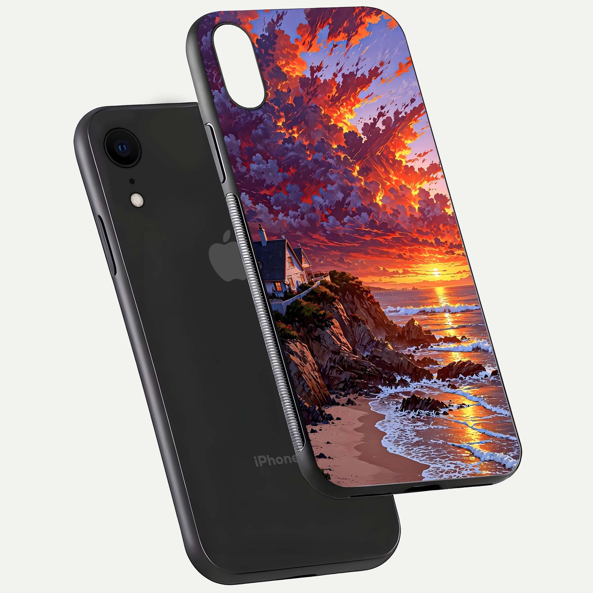 Sunset House by Sea Glass Case for iPhone Xr floating dual-view mockup displaying gloss shine and depth