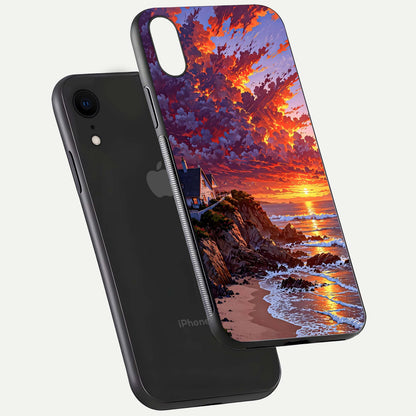 Sunset House by Sea Glass Case for iPhone Xr floating dual-view mockup displaying gloss shine and depth