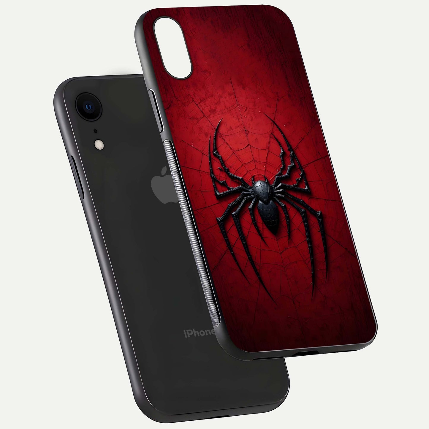 Venom Web Emblem Glass Case for iPhone Xr floating dual-view mockup displaying gloss shine and HD print