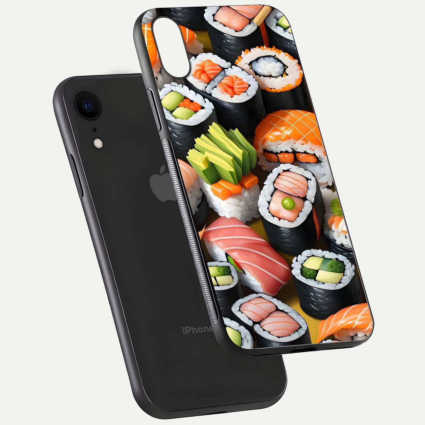 Sushi Food Pattern Glass Case for iPhone Xr floating dual-view mockup displaying gloss and HD pattern