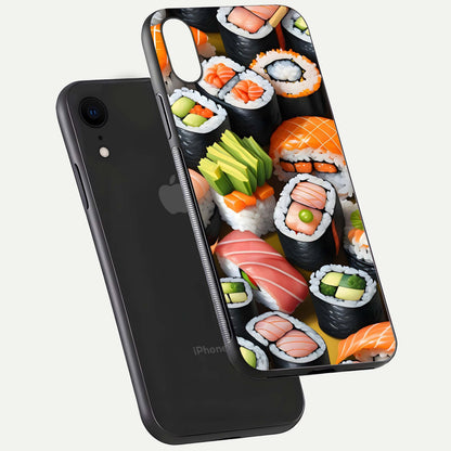 Sushi Food Pattern Glass Case for iPhone Xr floating dual-view mockup displaying gloss and HD pattern