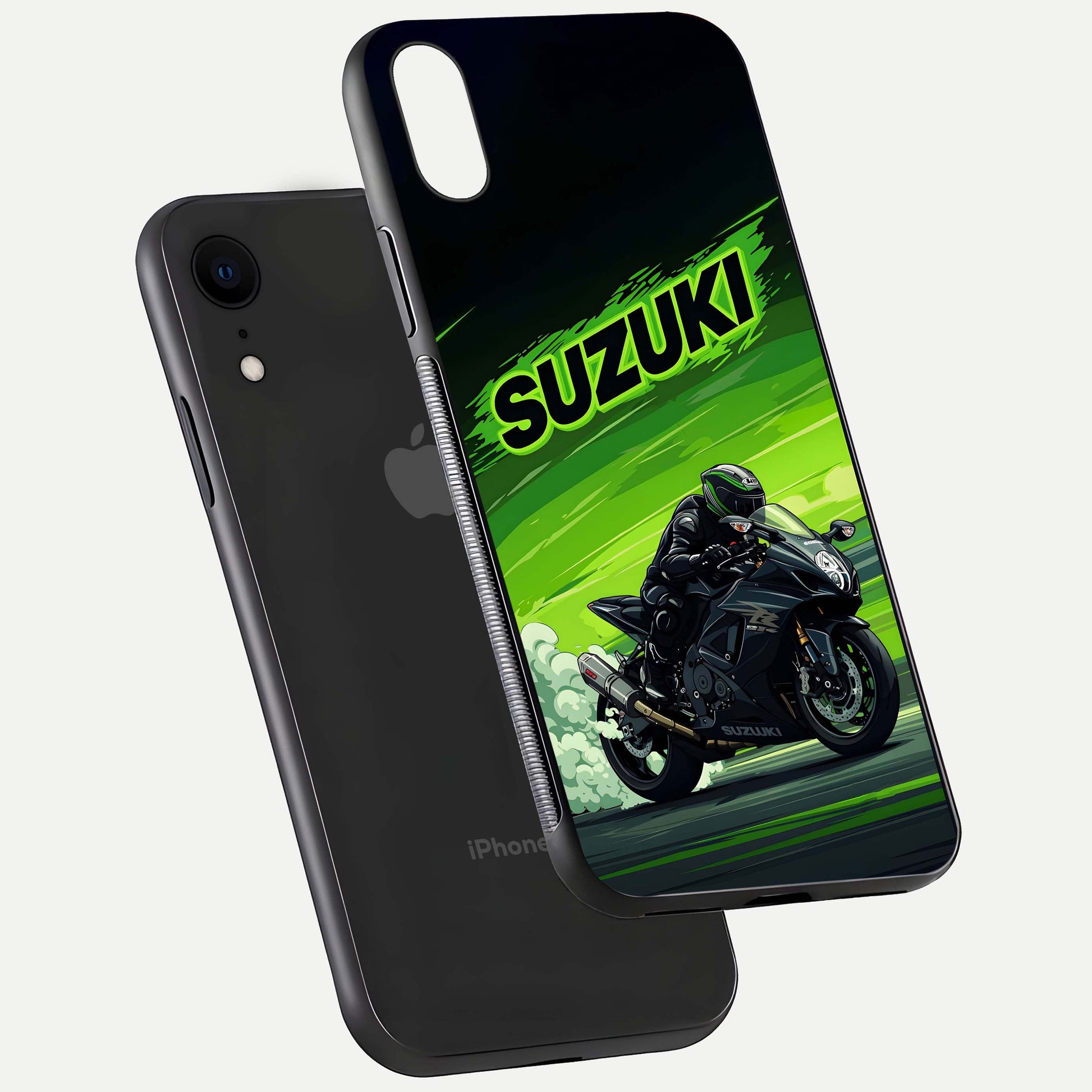 Suzuki Speed Beast Glass Case for iPhone Xr floating dual-view mockup displaying gloss texture and shine