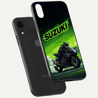 Suzuki Speed Beast Glass Case for iPhone Xr floating dual-view mockup displaying gloss texture and shine