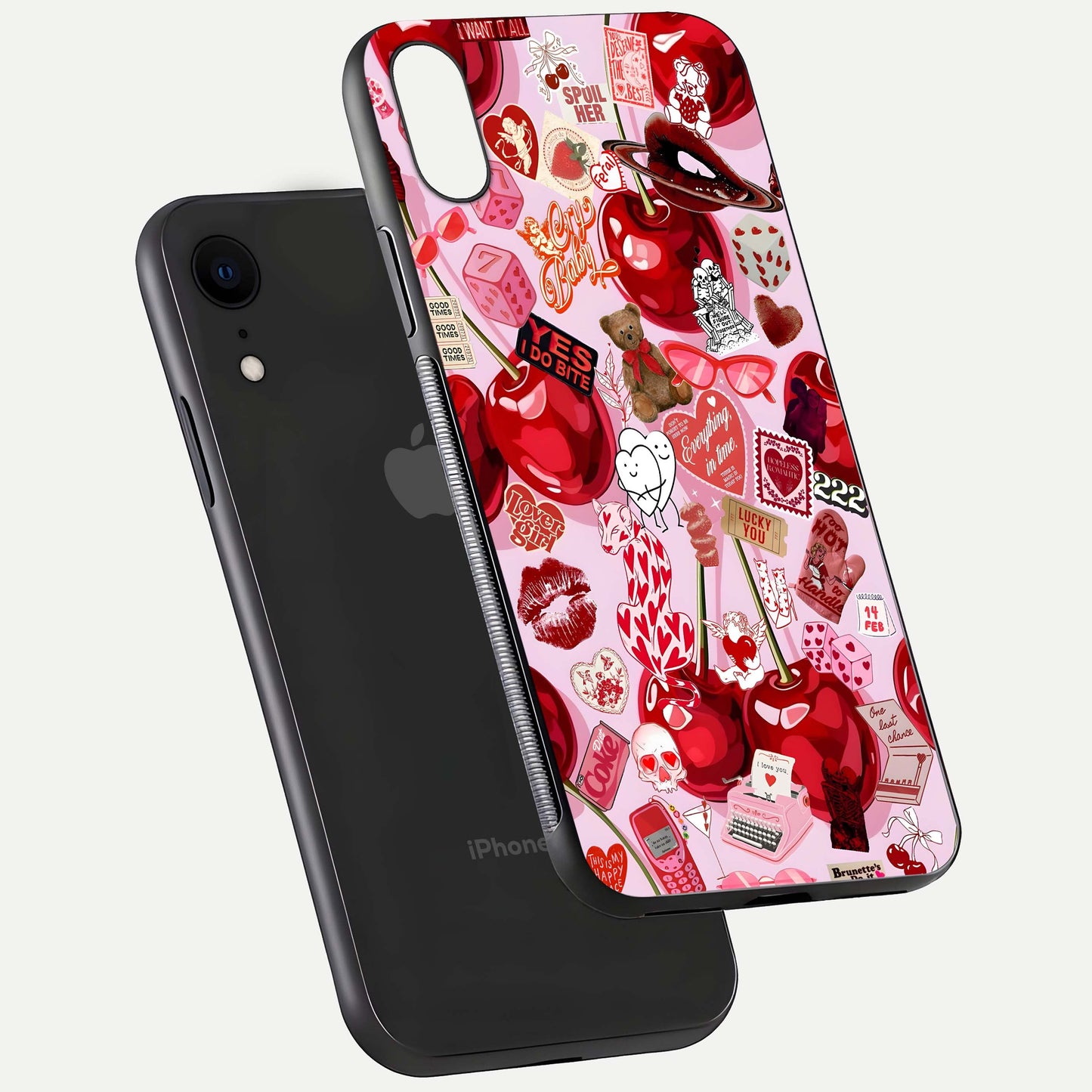 Sweet Cherry Chaos Glass Case for iPhone Xr floating dual-view mockup displaying gloss surface and depth
