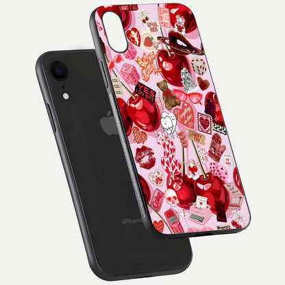 Sweet Cherry Chaos Glass Case for iPhone Xr floating dual-view mockup displaying gloss surface and depth