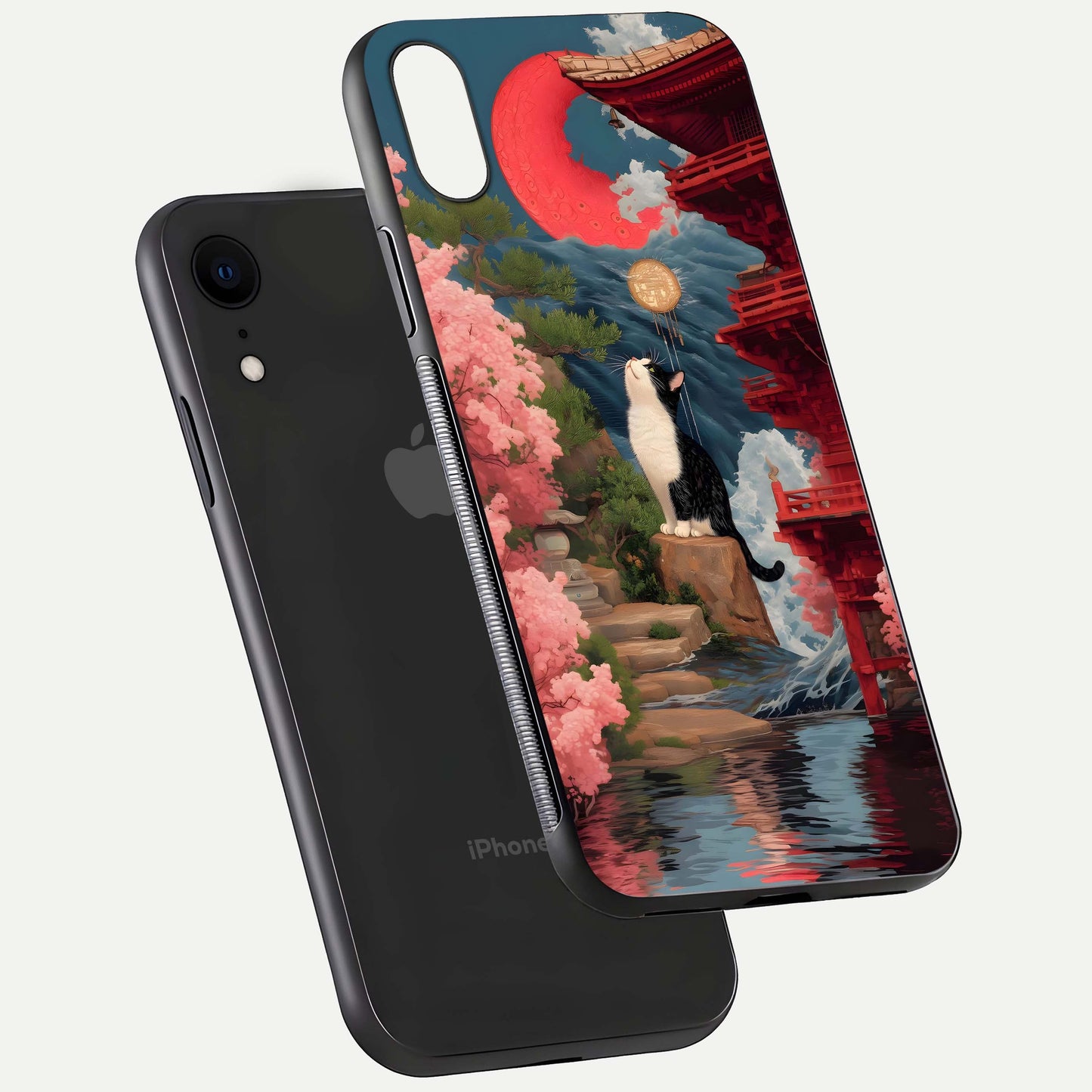 Temple Cat Scenery Glass Case for iPhone Xr floating dual-view mockup displaying gloss and depth detail