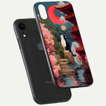 Temple Cat Scenery Glass Case for iPhone Xr floating dual-view mockup displaying gloss and depth detail