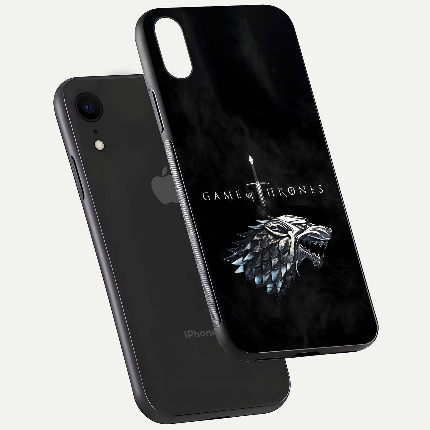 Throne Wolf Legacy Glass Case for iPhone Xr floating dual-view mockup displaying gloss depth and wolf artwork
