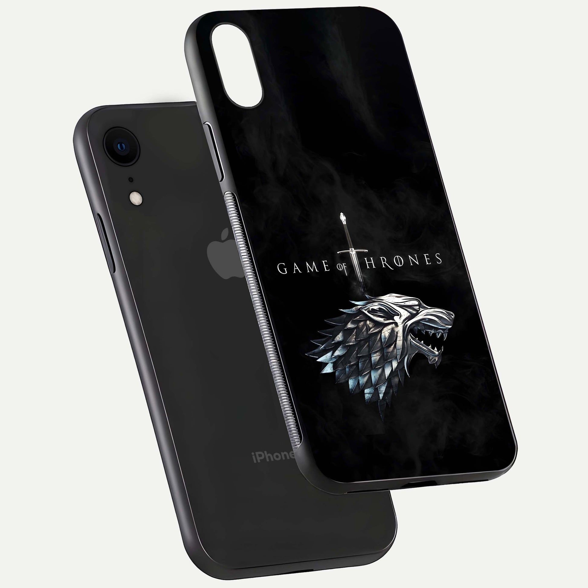Throne Wolf Legacy Glass Case for iPhone Xr floating dual-view mockup displaying gloss depth and wolf artwork