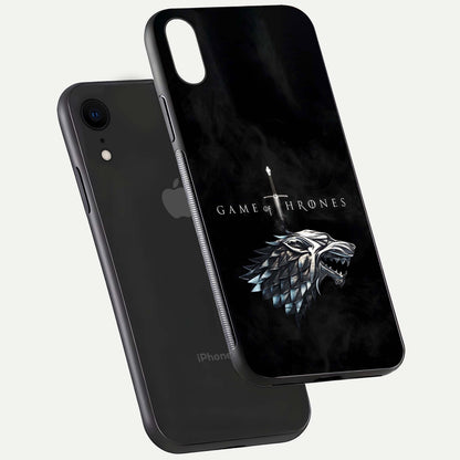 Throne Wolf Legacy Glass Case for iPhone Xr floating dual-view mockup displaying gloss depth and wolf artwork