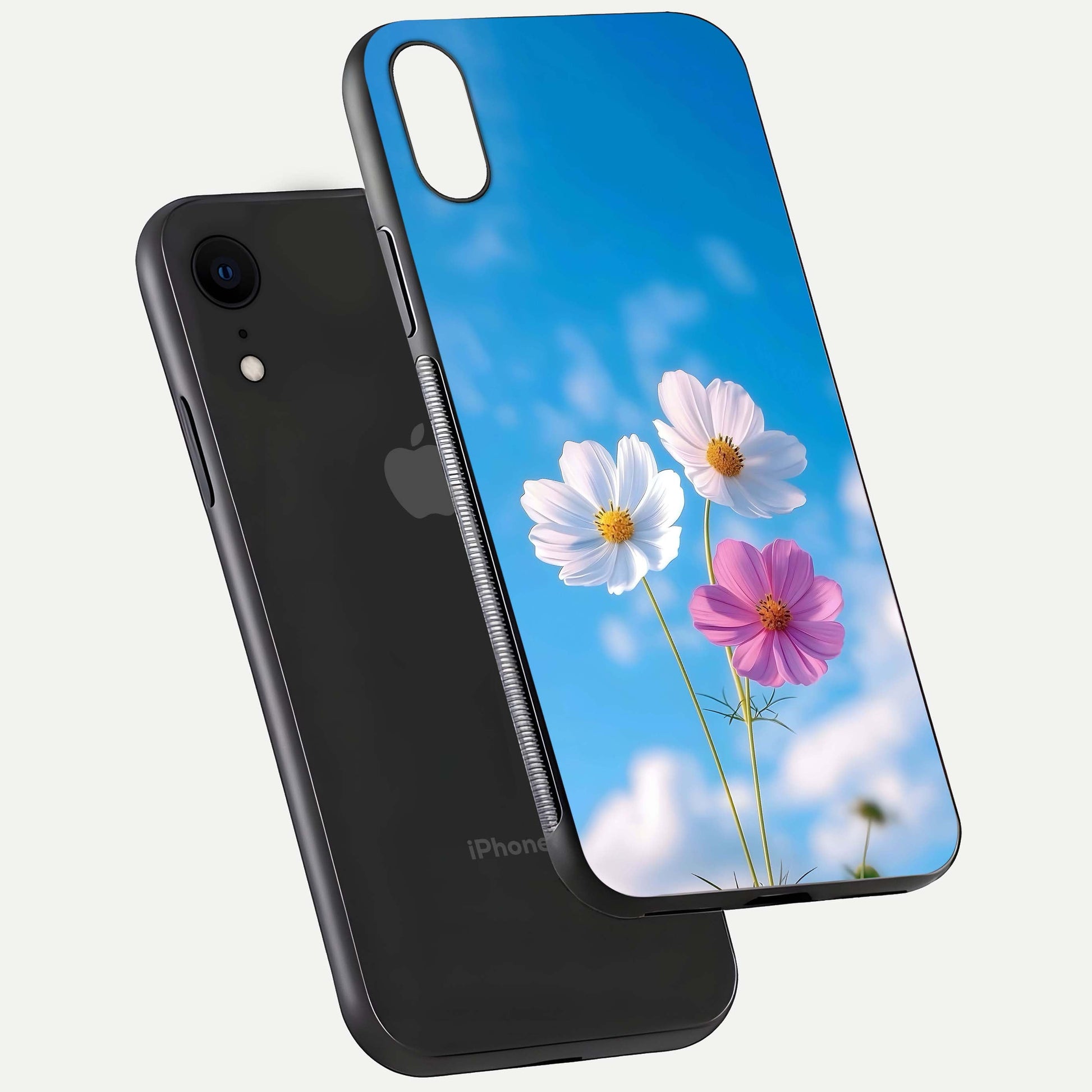 Triple Flowers With Sky Glass Case for iPhone Xr floating dual-view mockup displaying gloss and soft hues