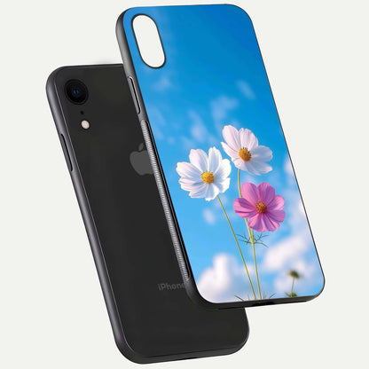 Triple Flowers With Sky Glass Case for iPhone Xr floating dual-view mockup displaying gloss and soft hues
