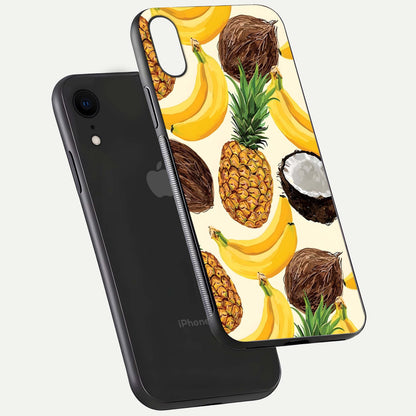 Tropical Fruit Mood Glass Case for iPhone Xr floating dual-view mockup displaying gloss and vibrant colors