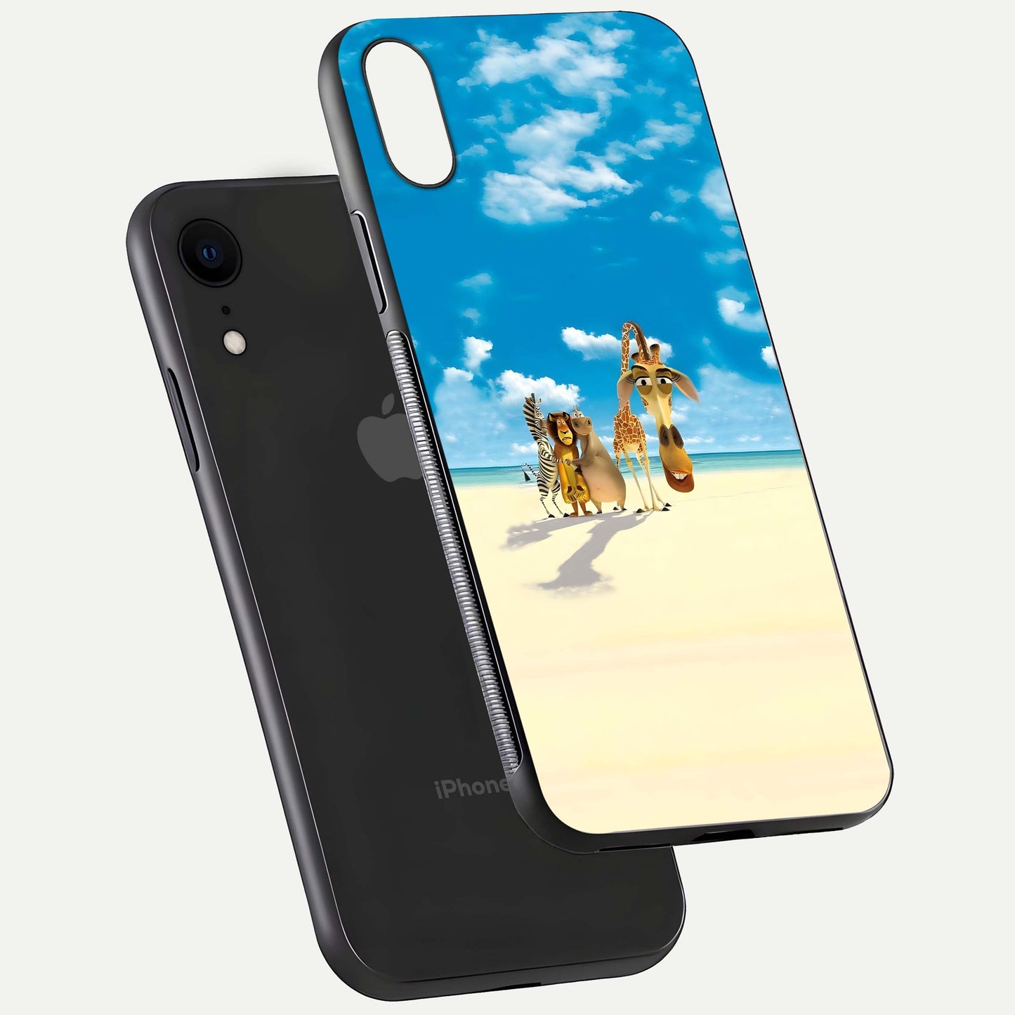Tropical Fun Squad Glass Case for iPhone Xr floating dual-view mockup displaying gloss reflection and contrast