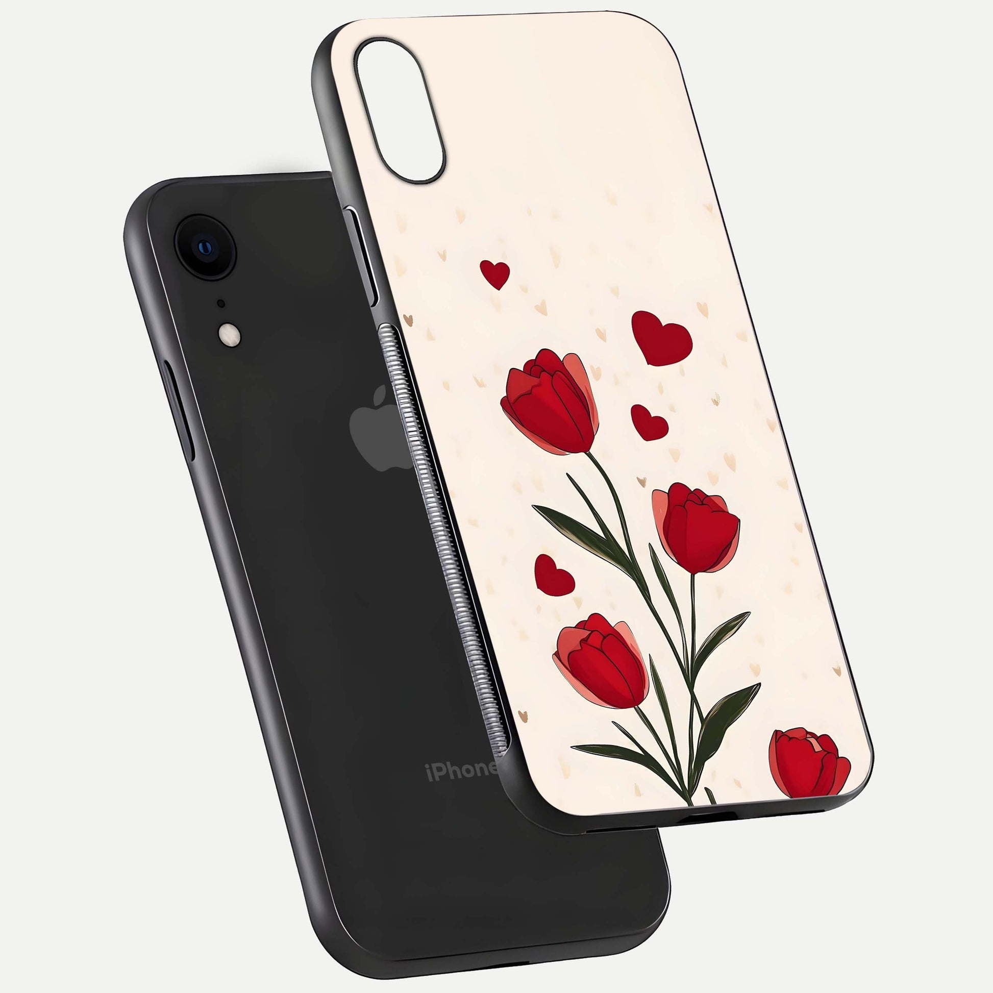 Tulip With Heart Glass Case for iPhone Xr floating dual-view mockup displaying gloss texture and shine